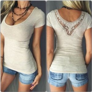 Beige lace detail vneck lowcut backless shirt top